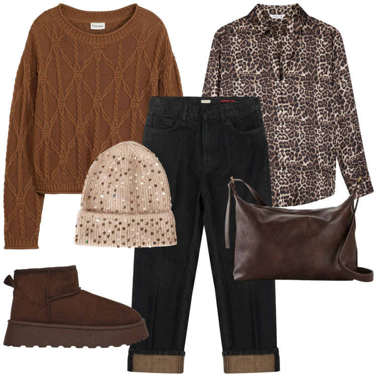 Outfit donna - Total look #2269049. Stile Minimal per Tutti i giorni. Abbinamento con maglieria, borse a tracolla, berretti, camicie, stivaletti, jeans dritti.