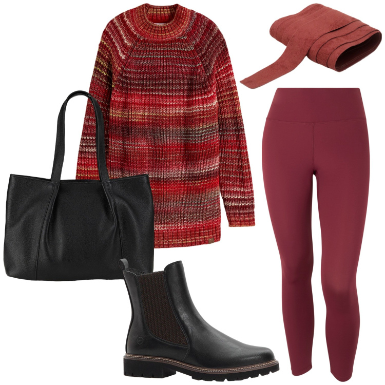 Outfit donna - Total look #2269050. Stile Sporty chic per Scuola/Università. Abbinamento con maglieria, shopping bag, stivaletti chelsea, cinture, leggings.