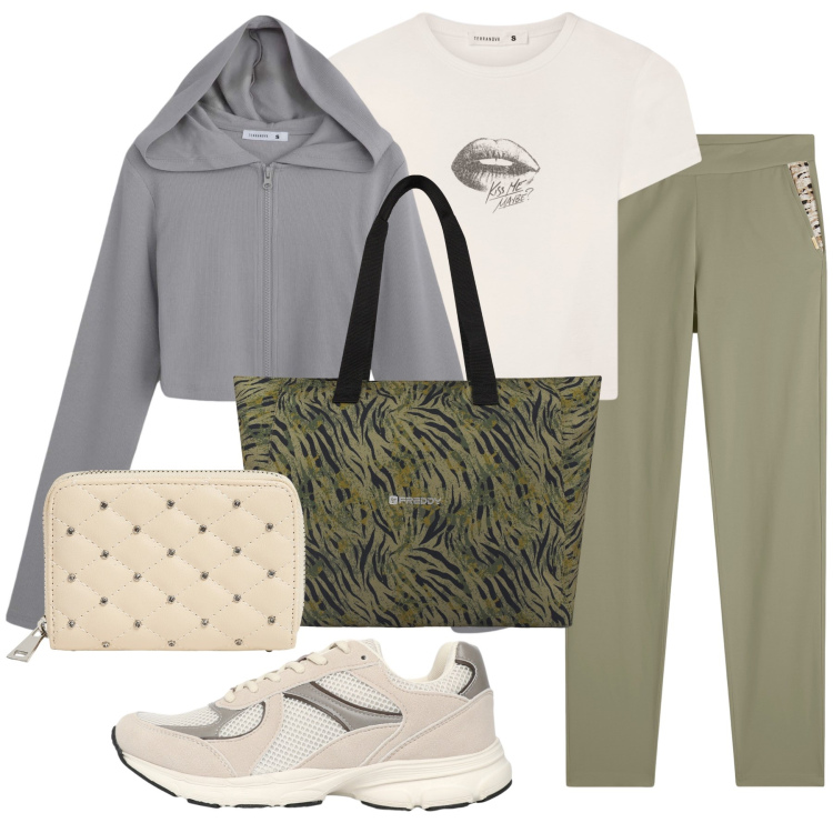 Outfit donna - Total look #2269051. Stile Sporty chic per Tutti i giorni. Abbinamento con portafogli, felpe con cappuccio, t-shirt, sneakers, shopping bag, pantaloni.