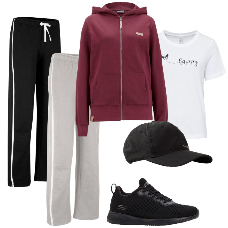 Outfit donna - Total look #2269052. Stile Sporty chic per Sport. Abbinamento con pantaloni sportivi, felpe con cappuccio, t-shirt, sneakers, cappelli con visiera.