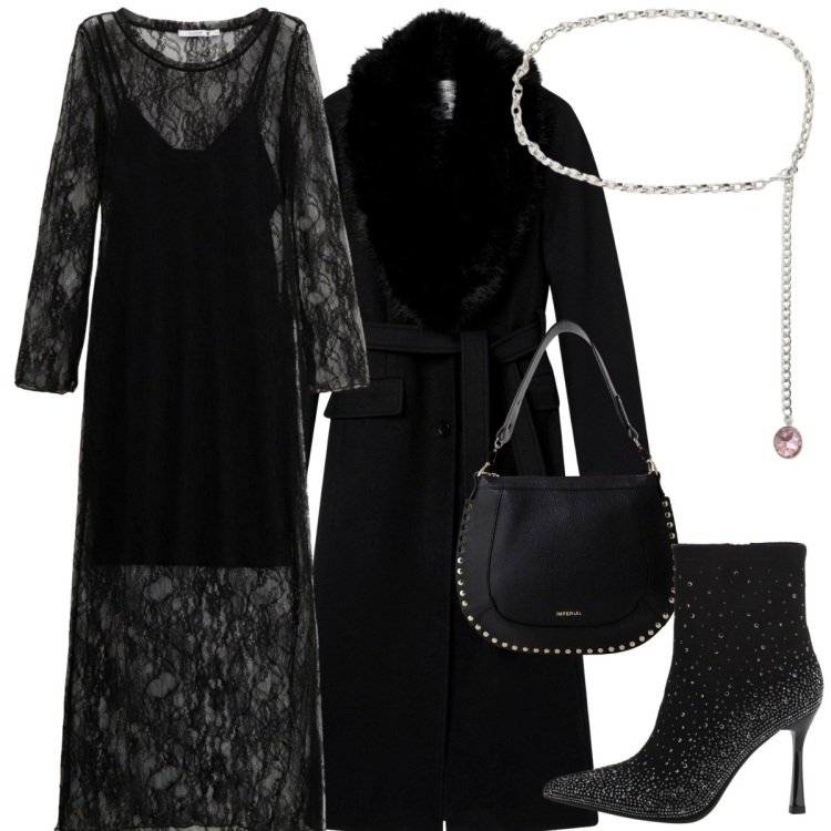 Outfit donna - Spooky Halloween. Stile Chic per Serata fuori. Abbinamento con cappotti, vestiti lunghi, cinture, stivaletti, borse a spalla.