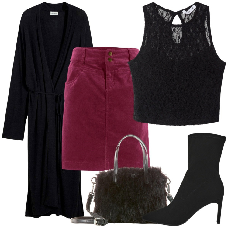 Outfit donna - La gonna in velluto. Stile Basic per Serata fuori. Abbinamento con gonne lunghe, borse a mano, cappotti, top, stivali.