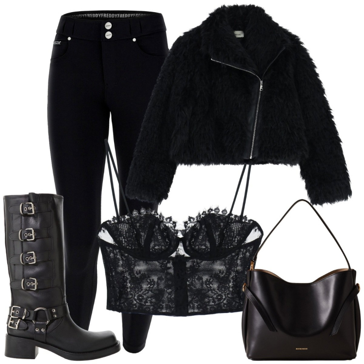 Outfit donna - Total look #2269056. Stile Rock per Serata fuori. Abbinamento con pantaloni skinny, top, stivali, cappotti, borse a mano.