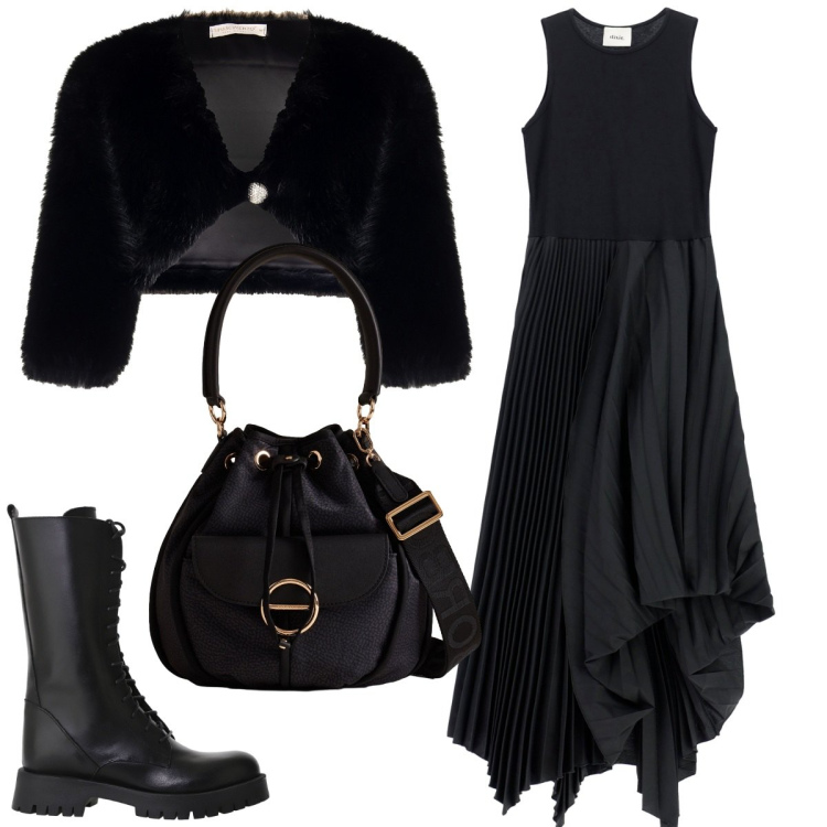 Outfit donna - Total look #2269057. Stile Rock per Serata fuori. Abbinamento con borse a secchiello, bolero, vestiti lunghi, stivali.