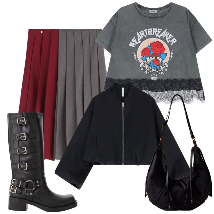 Outfit donna - Il mio halloween. Stile Rock per Serata fuori. Abbinamento con t-shirt, minigonne, stivali, borse a spalla, bomber.