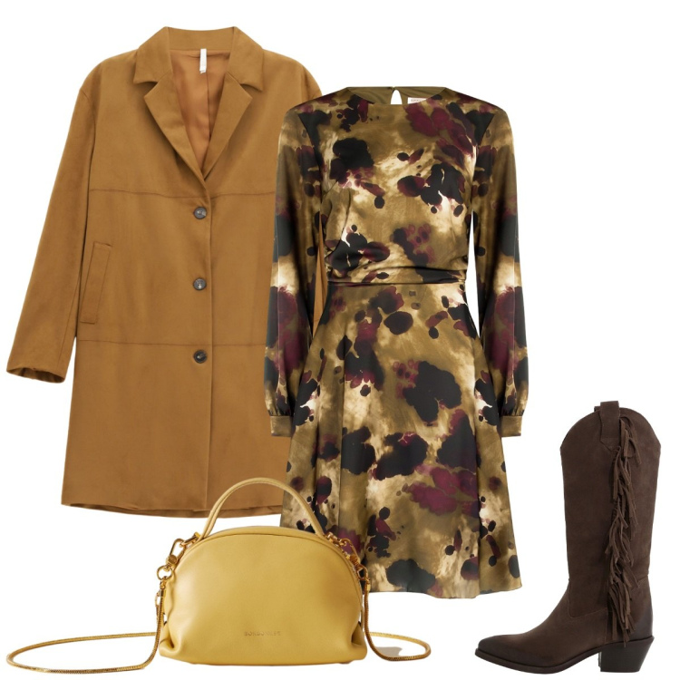 Outfit donna - La borsa senape. Stile Etnico per Serata fuori. Abbinamento con vestiti midi/longuette, cappotti, stivali, borse a mano.