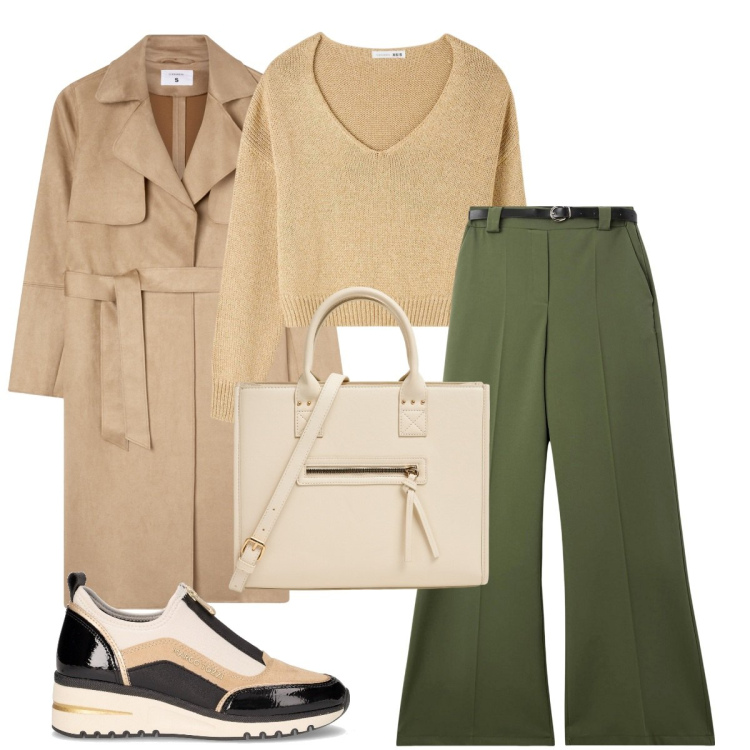 Outfit donna - Sale Terranova. Stile Casual per Ufficio. Abbinamento con pantaloni, maglieria, trench, shopping bag, sneakers alte.