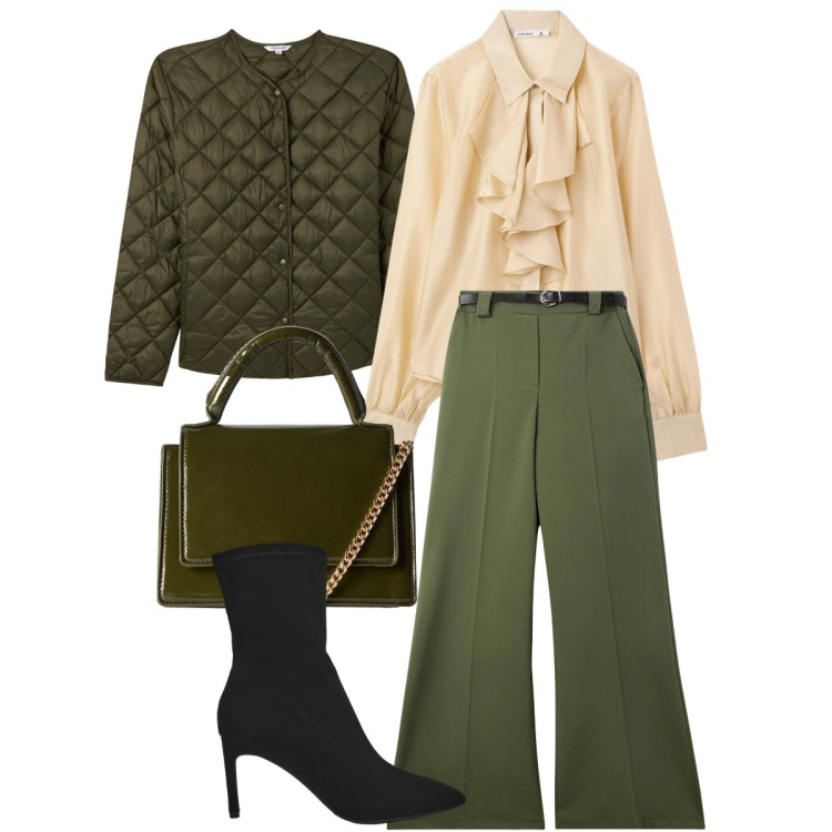 Outfit donna - Mid season sale. Stile Trendy per Ufficio. Abbinamento con borse a tracolla, piumini, camicie, pantaloni, stivali.