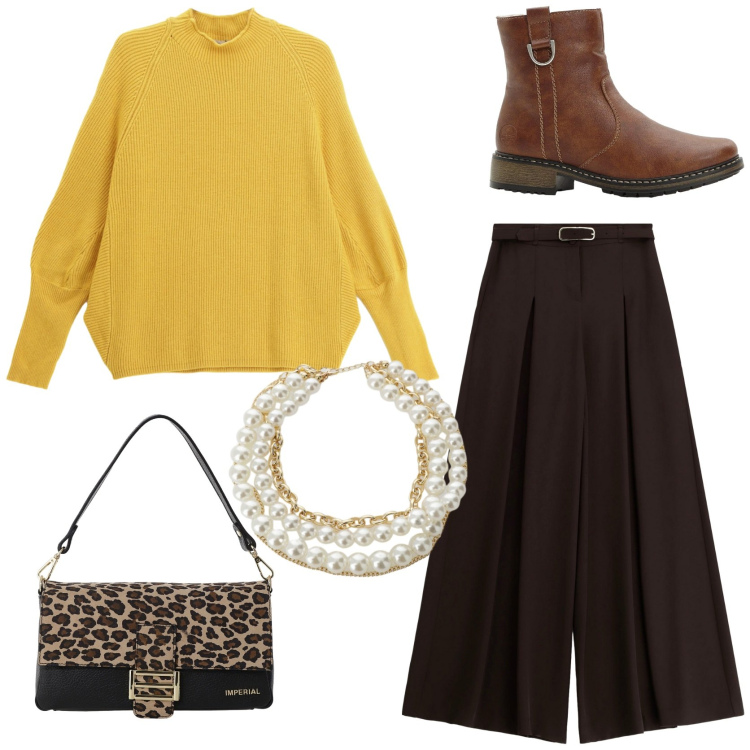 Outfit donna - Un tocco di senape. Stile Trendy per Tutti i giorni. Abbinamento con stivaletti, collane, maglieria, pantaloni, borse a spalla.