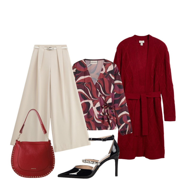 Outfit donna - Il cardigan: un classico. Stile Chic per Tutti i giorni. Abbinamento con camicie, cardigans, décolleté, borse a spalla, pantaloni a palazzo.