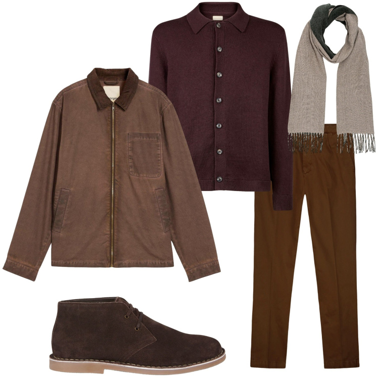 Outfit uomo - Toni su tono. Stile Urban per Tutti i giorni. Abbinamento con giacche, pantaloni, stivali e stivaletti, sciarpe, polo.