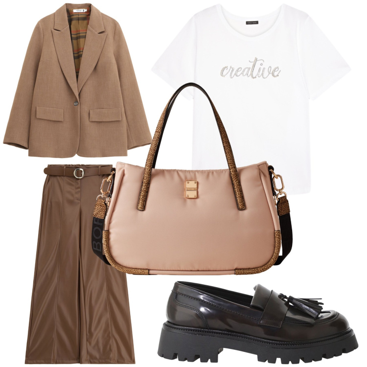 Outfit donna - In ufficio. Stile Basic per Ufficio. look ideale per Premaman. Abbinamento con blazer, pantaloni, mocassini, shopping bag, t-shirt.