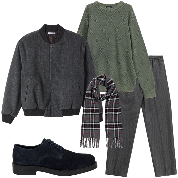 Outfit uomo - Tono su tono. Stile Urban per Tutti i giorni. Abbinamento con bomber, pantaloni, maglieria, scarpe stringate, sciarpe.