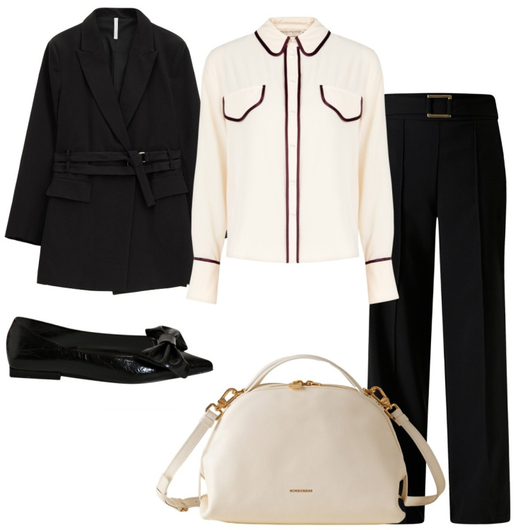 Outfit donna - Classica a lavoro. Stile Basic per Ufficio. Abbinamento con camicie, pantaloni, ballerine, blazer, borse a mano.