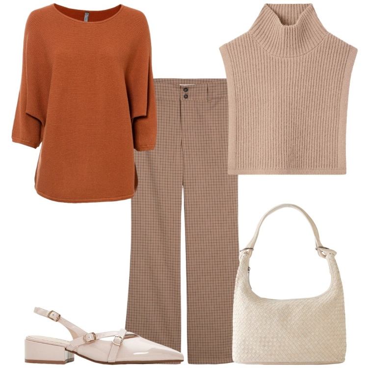 Outfit donna - Giornata in centro. Stile Basic per Tutti i giorni. Abbinamento con décolleté, shopping bag, maglieria, pantaloni, cappotti.