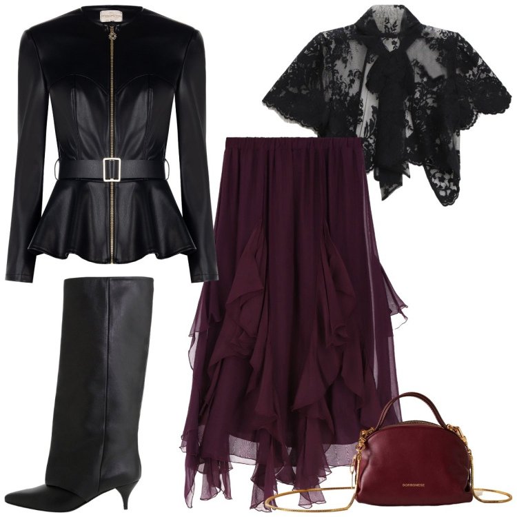 Outfit donna - Spooky Halloween. Stile Glamour per Serata fuori. Abbinamento con blazer, top, gonne longuette, stivali, borse a mano.