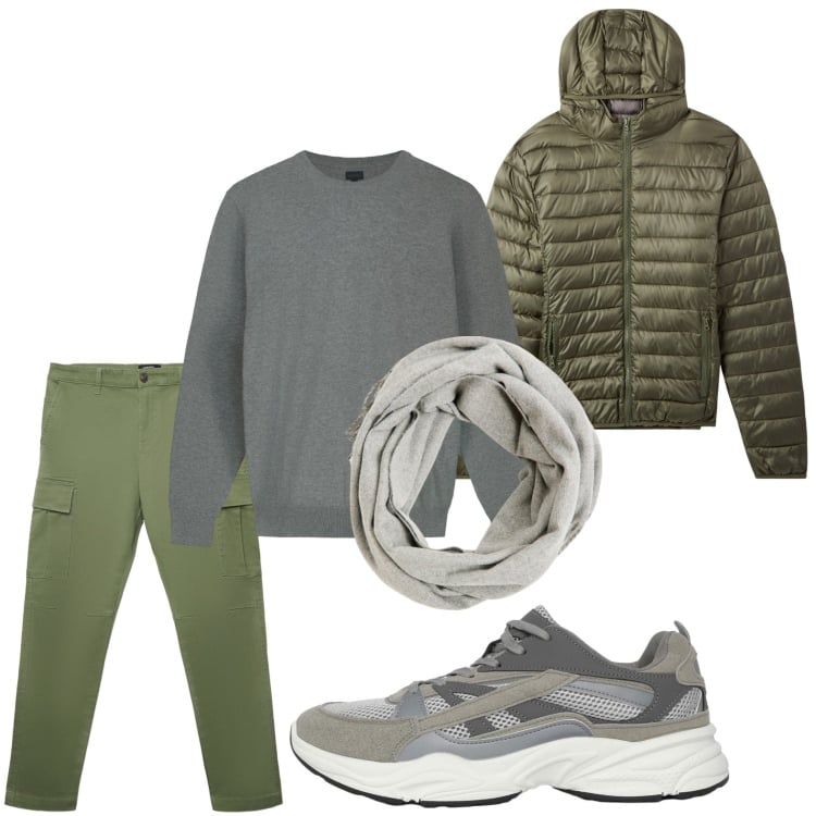 Outfit uomo - La giacca cool. Stile Casual per Tutti i giorni. Abbinamento con sciarpe, piumini, sneakers, pantaloni cargo, maglieria.