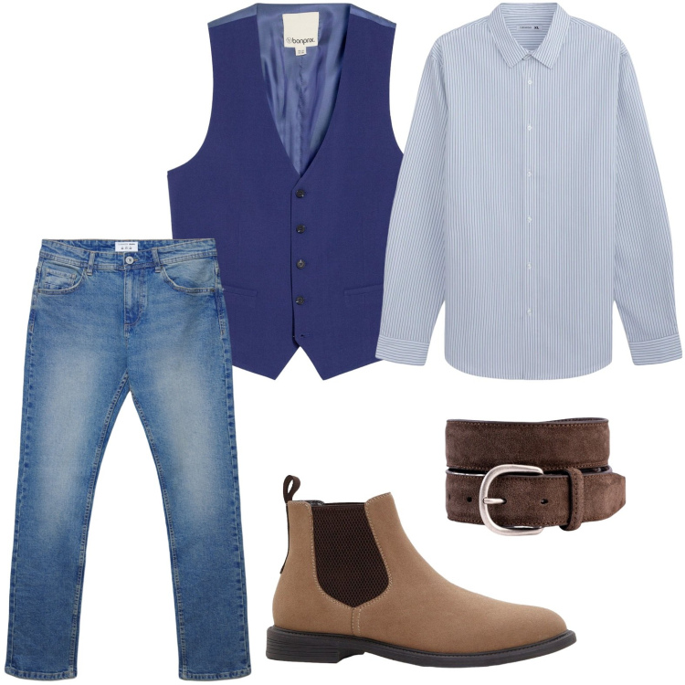 Outfit uomo - Stile impeccabile. Stile Urban per Ufficio. Abbinamento con gilet, stivali e stivaletti, jeans dritti, camicie, cinture.