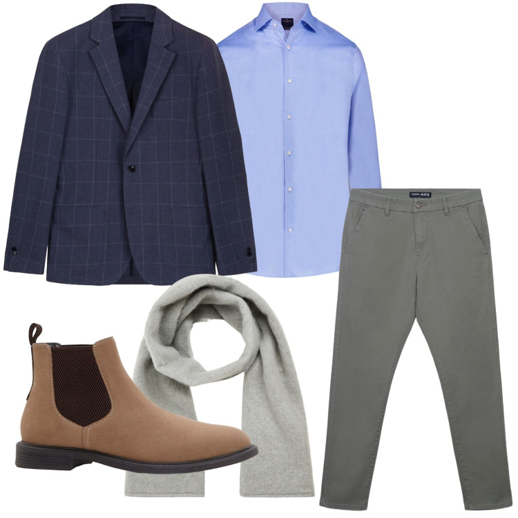 Outfit uomo - Stile discreto. Stile Casual per Ufficio. Abbinamento con stivali e stivaletti, sciarpe e foulard, pantaloni chino, camicie, giacche.