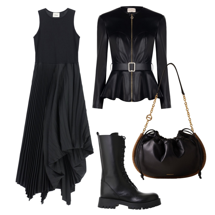 Outfit donna - Halloween chic rock. Stile Chic per Serata fuori. Abbinamento con blazer, vestiti lunghi, stivali, borse a spalla.