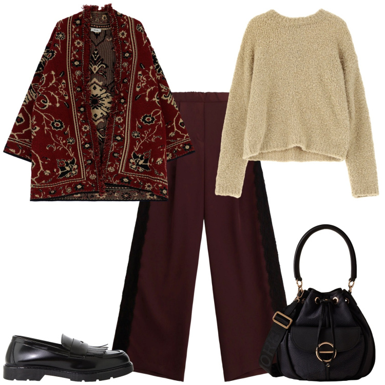 Outfit donna - Total look #2269090. Stile Casual chic per Tutti i giorni. Abbinamento con pullovers, cardigans, mocassini, pantaloni a palazzo, borse a secchiello.