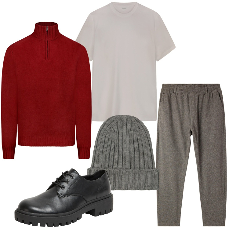 Outfit uomo - Look funzionale. Stile Trendy per Tutti i giorni. Abbinamento con scarpe stringate, pantaloni, maglieria, t-shirt, berretti.