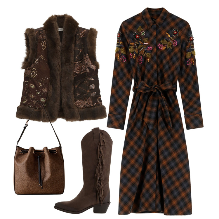 Outfit donna - Autunno con stile!. Stile Trendy per Tutti i giorni. Abbinamento con vestiti, gilet, stivali, borse a secchiello.