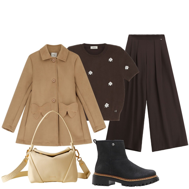 Outfit donna - Crema e cioccolato. Stile Minimal per Tutti i giorni. Abbinamento con stivaletti, cappotti, maglieria, pantaloni a palazzo, borse a spalla.
