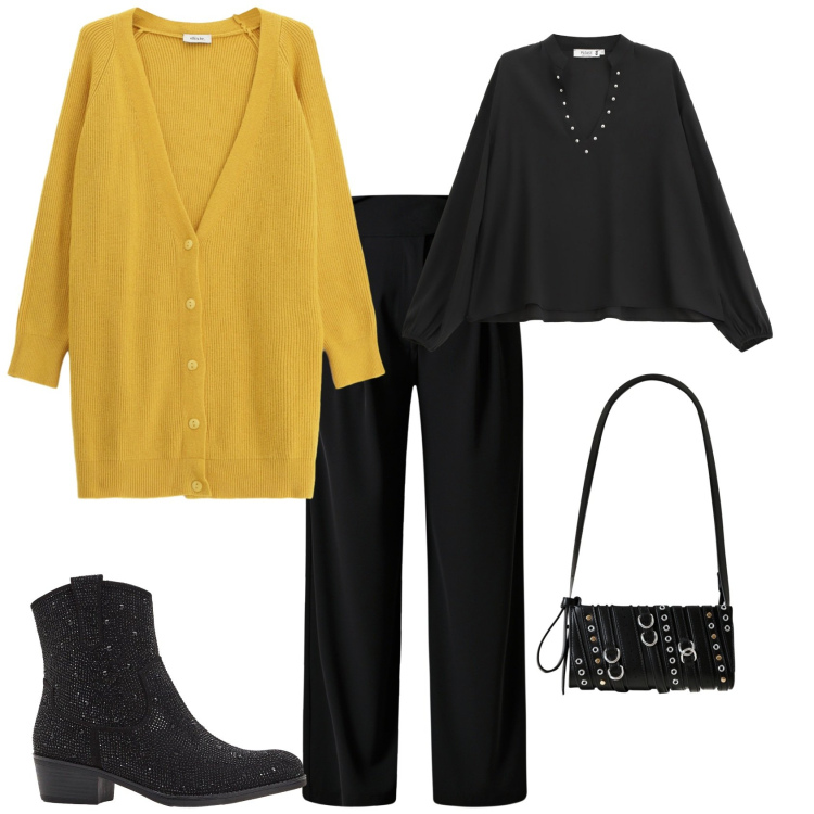 Outfit donna - Total look #2269099. Stile Casual chic per Serata fuori. Abbinamento con stivaletti texani, pantaloni a palazzo, borse a spalla, camicie, cardigans.