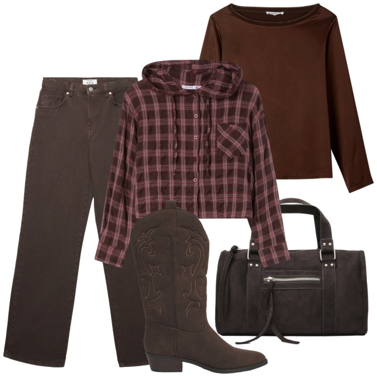 Outfit donna - Terra secca, terra umile. Stile Casual per Tutti i giorni. Abbinamento con borse a mano, camicie, jeans, bluse, stivaletti texani.