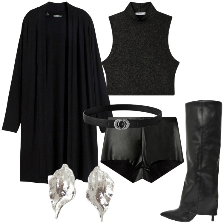 Outfit donna - Dark lady. Stile Sexy per Serata fuori. Abbinamento con cardigans, stivali, cinture, top, shorts, orecchini.