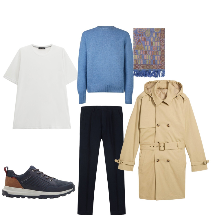Outfit uomo - rain in the city. Stile Casual per Tutti i giorni. Abbinamento con sneakers, trench, sciarpe, t-shirt, pantaloni, maglieria.
