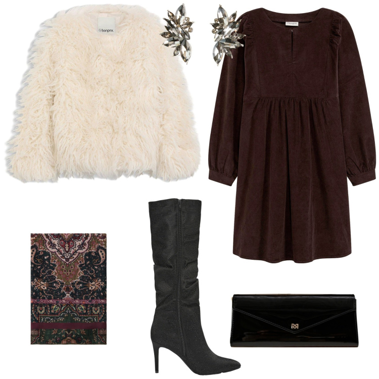 Outfit donna - Evento serata speciale. Stile Chic per Serata fuori. Abbinamento con vestiti, orecchini, ecopellicce, stivali, foulard, pochette.