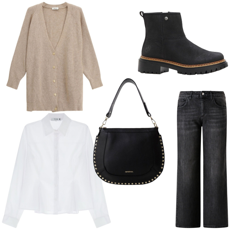 Outfit donna - Il cardigan in ufficio. Stile Casual per Ufficio. Abbinamento con stivaletti, camicie, cardigans, jeans dritti, borse a spalla.