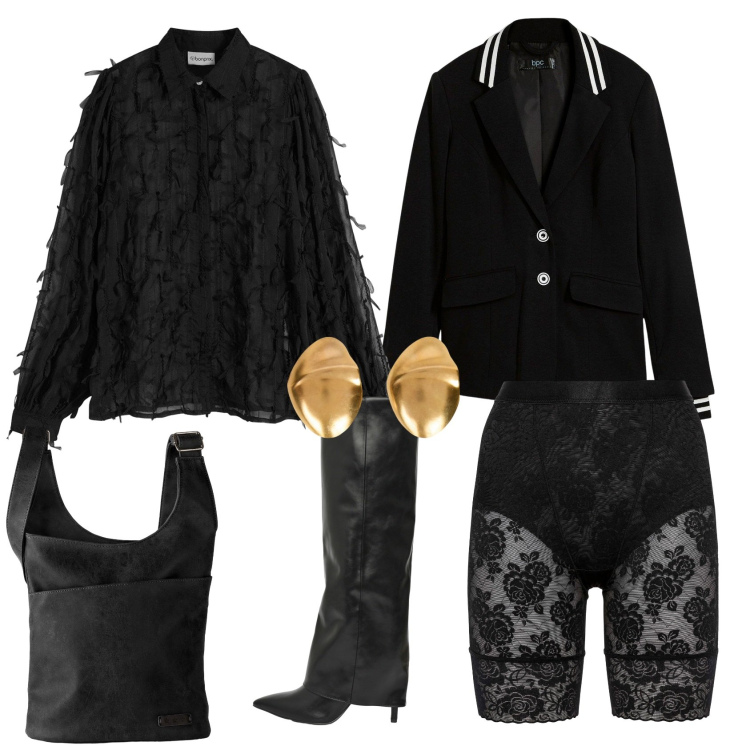 Outfit donna - Total look #2269120. Stile Glamour per Serata fuori. Abbinamento con borse a tracolla, blazer, pantaloni corti, bluse, stivali, orecchini.