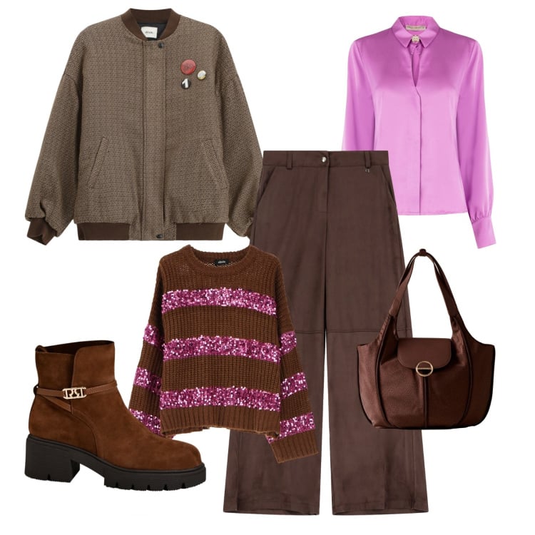 Outfit donna - Look avvolgente!. Stile Casual chic per Tutti i giorni. Abbinamento con maglieria, pantaloni a palazzo, bomber, shopping bag, stivaletti, camicie.