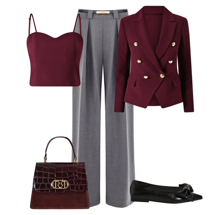 Outfit donna - Eleganza e comfort. Stile Chic per Serata fuori. Abbinamento con pantaloni a palazzo, blazer, top, ballerine, borse a mano.