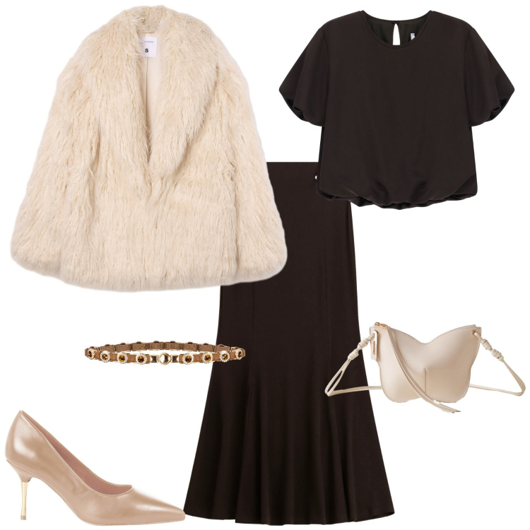 Outfit donna - Evento serata speciale bon ton. Stile Bon Ton per Serata fuori. Abbinamento con ecopellicce, gonne lunghe, borse a tracolla, décolleté, cinture, camicie a manica corta.