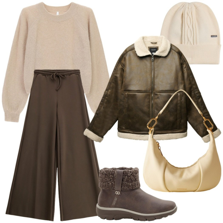 Outfit donna - Comodità in ufficio. Stile Casual chic per Ufficio. Abbinamento con stivaletti, giacche, pantaloni a palazzo, borse a spalla, maglieria, berretti.