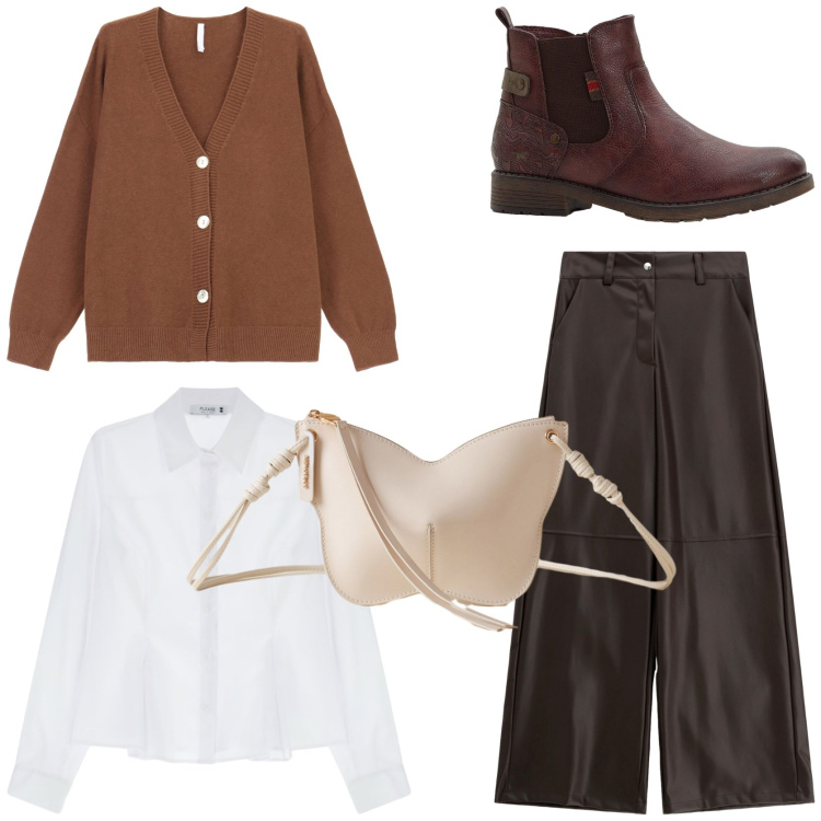 Outfit donna - Il cardigan autunnale. Stile Casual per Tutti i giorni. Abbinamento con stivaletti chelsea, camicie, pantaloni a palazzo, borse a tracolla, cardigans.