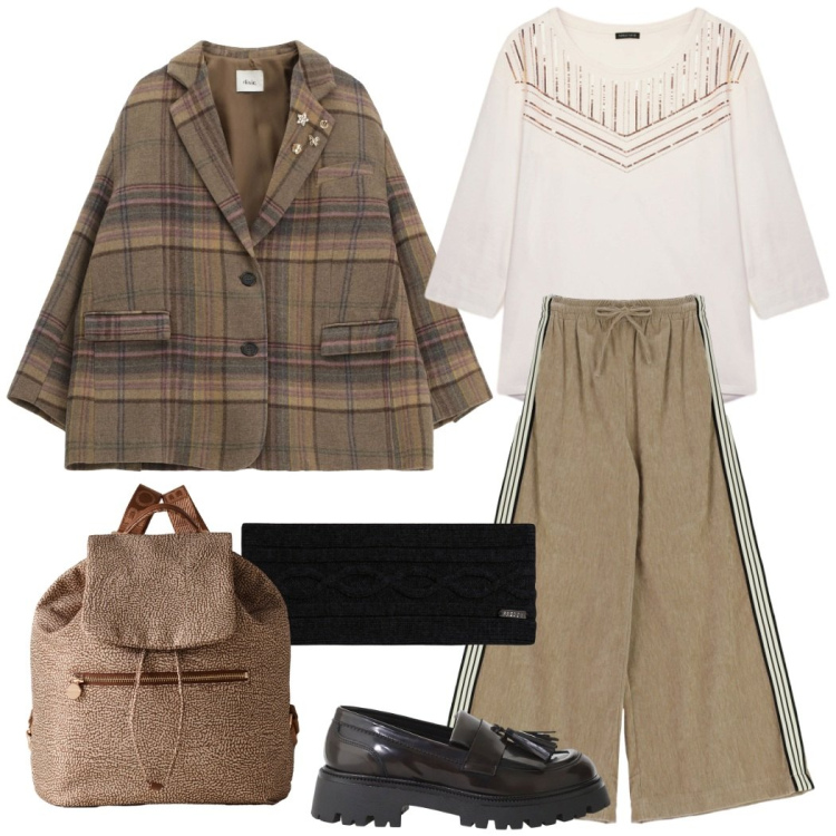 Outfit donna - Urban style. Stile Urban per Scuola/Università. Abbinamento con blazer, mocassini, pantaloni, fasce per capelli, zaini, t-shirt.