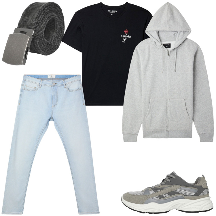Outfit uomo - Total look #2269130. Stile Casual per Tutti i giorni. Abbinamento con felpe con cappuccio, sneakers, cinture, t-shirt, jeans skinny.
