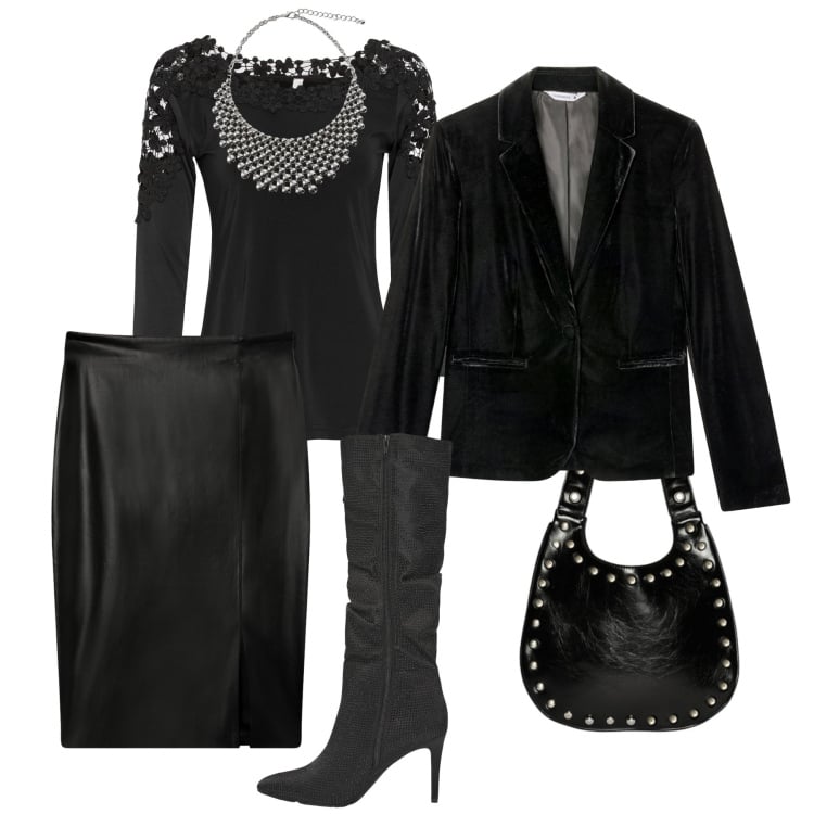Outfit donna - Velluto & pelle Halloween mood. Stile Chic per Serata fuori. Abbinamento con maglieria, blazer, gonne longuette, stivali, collane, borse a spalla.