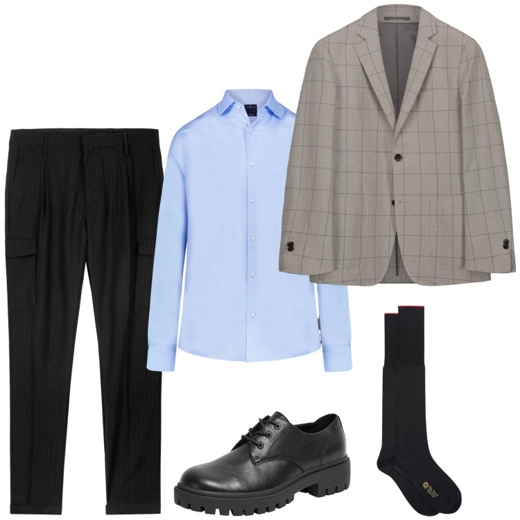 Outfit uomo - Classico. Stile Business/Elegante per Ufficio. Abbinamento con scarpe stringate, camicie, pantaloni cargo, giacche, calzini.