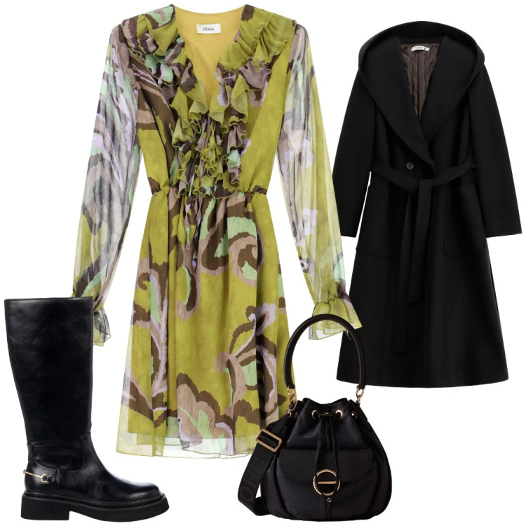 Outfit donna - Un tocco di color senape. Stile Chic per Serata fuori. Abbinamento con cappotti, borse a secchiello, stivali sopra il ginocchio, vestiti.