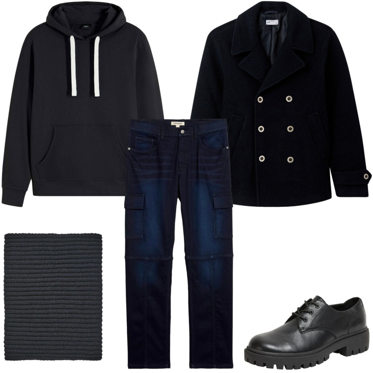 Outfit uomo - Total look #2269134. Stile Trendy per Serata speciale. Abbinamento con felpe con cappuccio, jeans dritti, scarpe stringate, cappotti, scaldacollo.