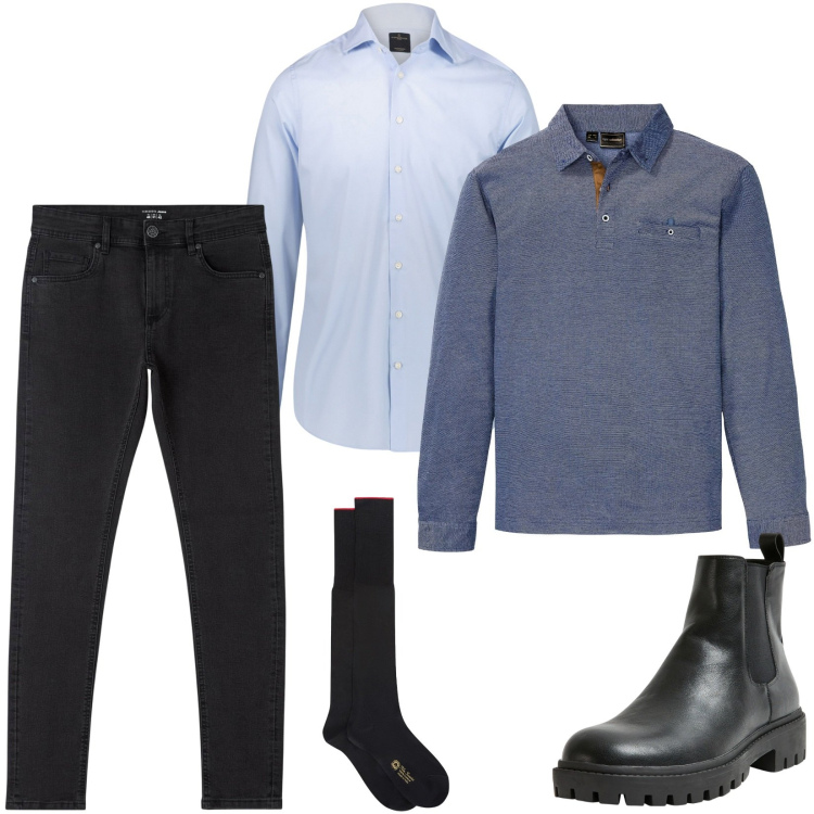 Outfit uomo - Total look #2269135. Stile Casual per Ufficio. Abbinamento con polo, jeans skinny, stivali e stivaletti, camicie, calzini.