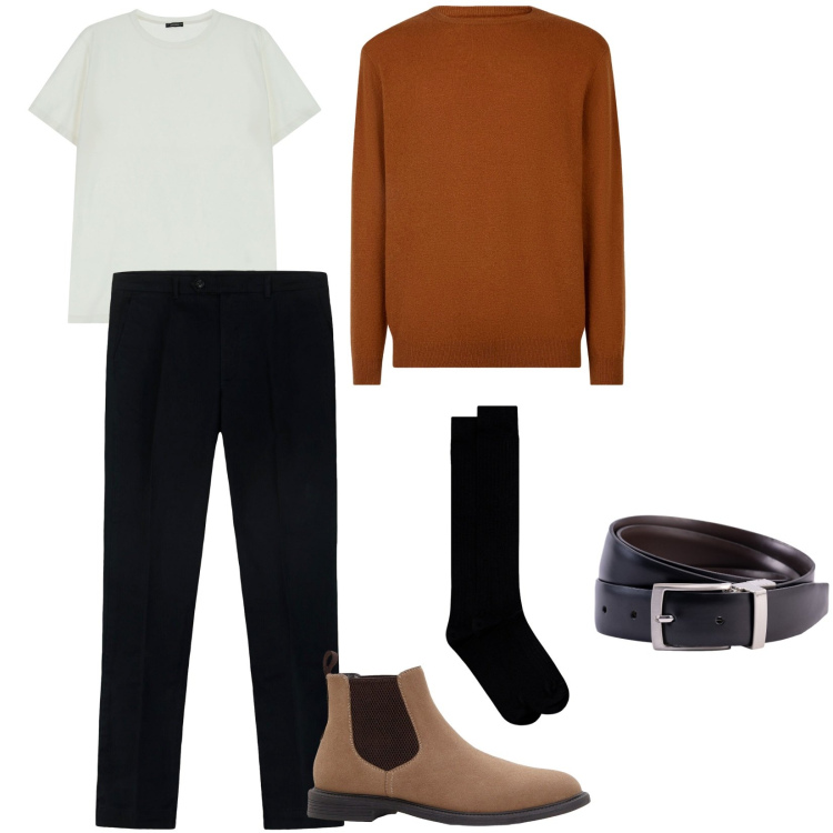 Outfit uomo - Total look #2269137. Stile Casual per Ufficio. Abbinamento con stivali e stivaletti, t-shirt, maglieria, cinture, calzini, pantaloni.