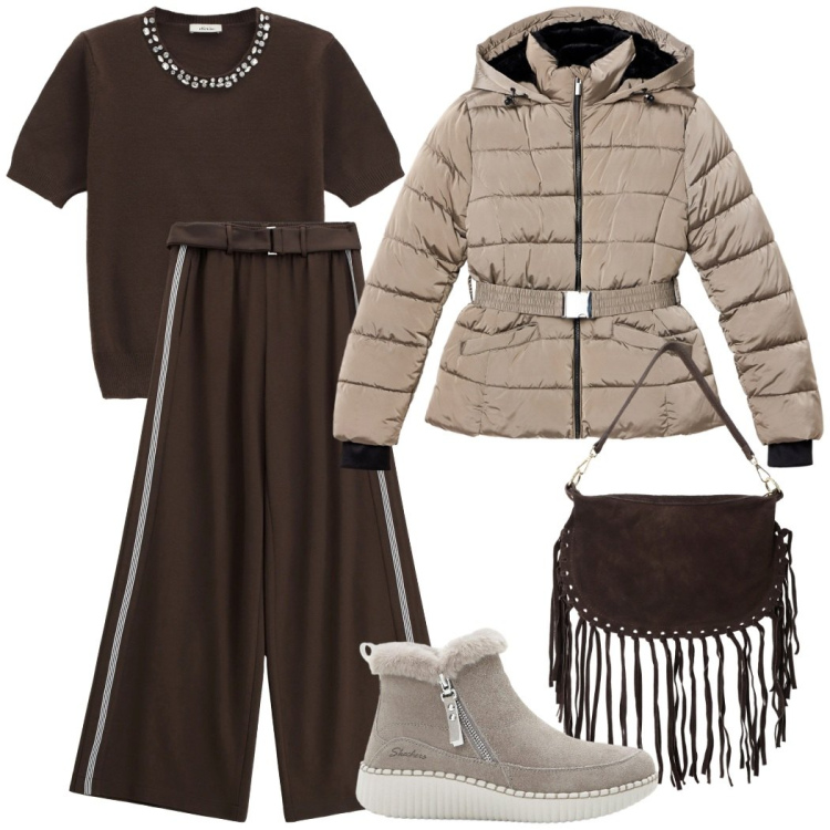 Outfit donna - Cioccolato a ottobre. Stile Casual chic per Tutti i giorni. Abbinamento con stivaletti, piumini, maglieria, borse a tracolla, pantaloni a palazzo.