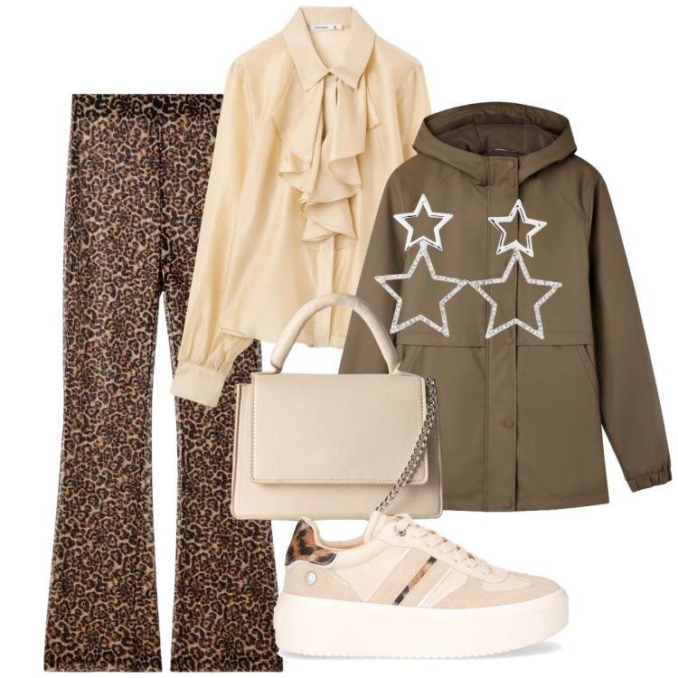 Outfit donna - Un autunno più eccentrico. Stile Trendy per Tutti i giorni. Abbinamento con camicie, pantaloni, orecchini, borse a tracolla, blazer, sneakers.